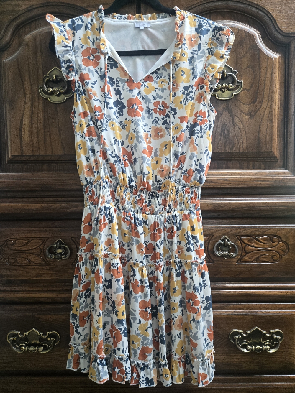 Floral Tiered Mini Dress in White with Orange & Yellow Blooms